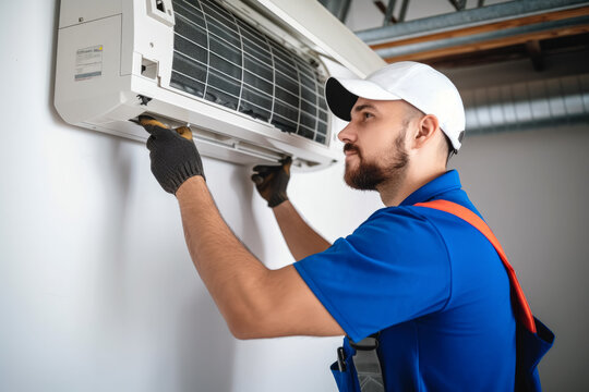Air conditioning technician servicing a wall-mounted AC unit in Kaysville, UT