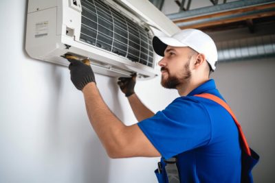 Air conditioning technician servicing a wall-mounted AC unit in Kaysville, UT