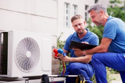 HVAC technicians reviewing an outdoor air conditioning unit in Kaysville, UT